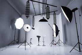 A professional photography studio with lighting setup
